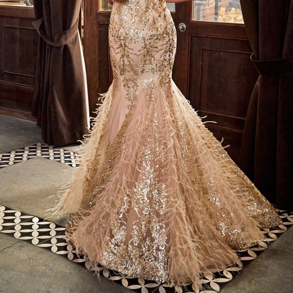 SILVER/NUDE FEATHERED MERMAID PROM PARTY LONG MAXI  EVENING GOWN DRESS CDC57 - Picture 6 of 10